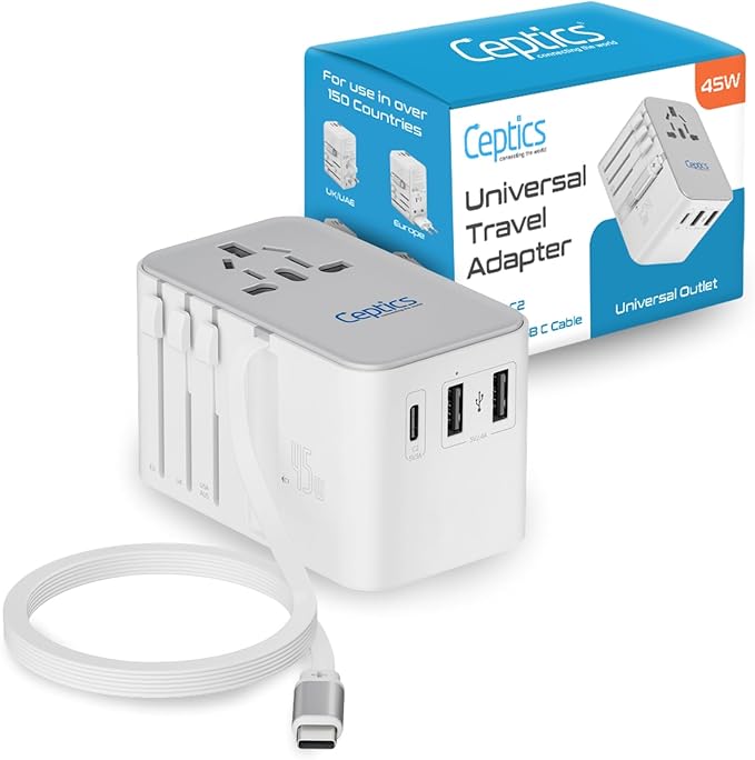 Ceptics 5 in 1 International Travel Adapter with PD 45W Retractable USB-C Cable 65cm, 2X USB-A 2.4A, 1x USB-C 3A, Travel Adapter Worldwide for Laptop, Phones and Cameras for US, EU, UK, UP-45WC-WH