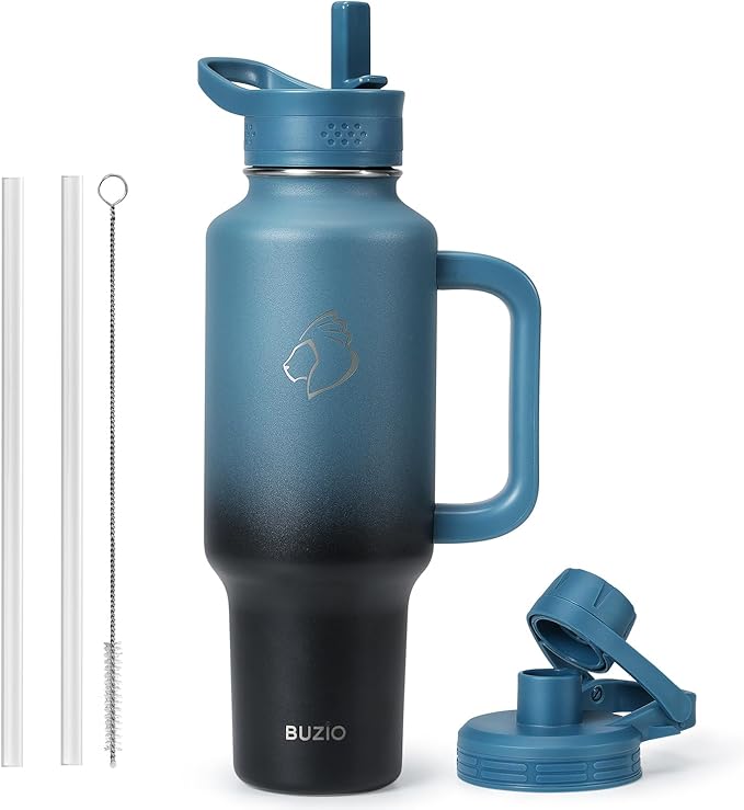 BUZIO 40 oz Tumbler with Handle and Straw, Stainless Steel Insulated Water Bottle Fits in Cup Holder with Straw & Spout Lid, Leak-Proof BPA-Free Travel Tumbler Keep Cold 48hrs &Hot 24hrs, Indigo Crush