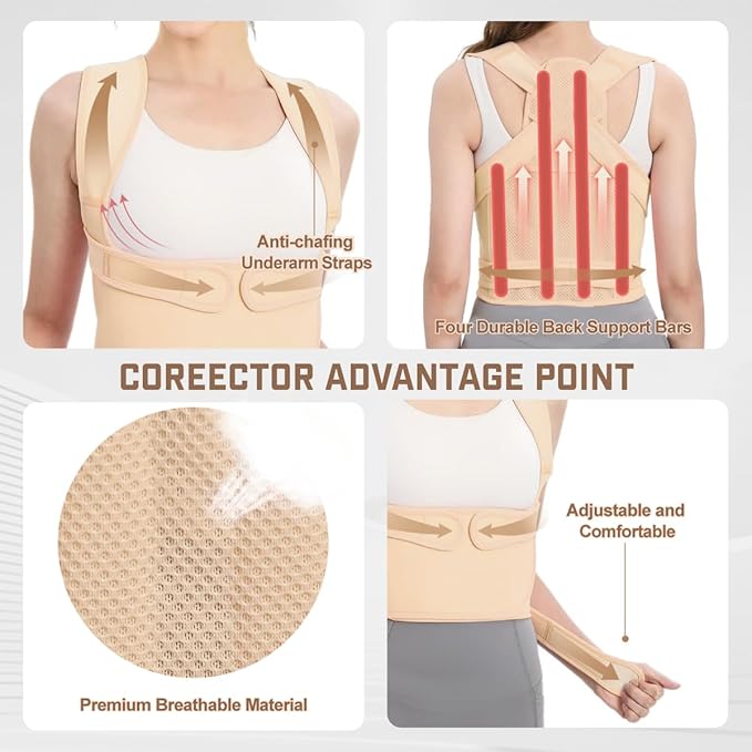 Back Brace Posture Corrector for Women & Men, Adjustable Shoulder Straightener with Full Back Support, Relief for Lower & Upper Back Pain, Hunchback & Scoliosis (Beige, Small)