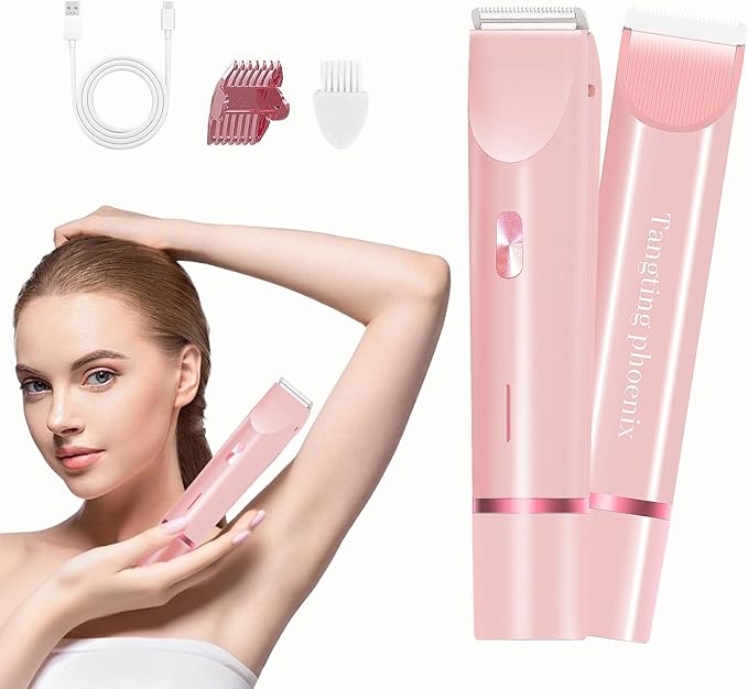2-in-1 Electric Shaver & Bikini Trimmer for Women - Painless Hair Removal for Body, Face & Bikini, Hypoallergenic, IPX7 Waterproof, Cordless Wet/Dry for Shower & Travel (Pink)