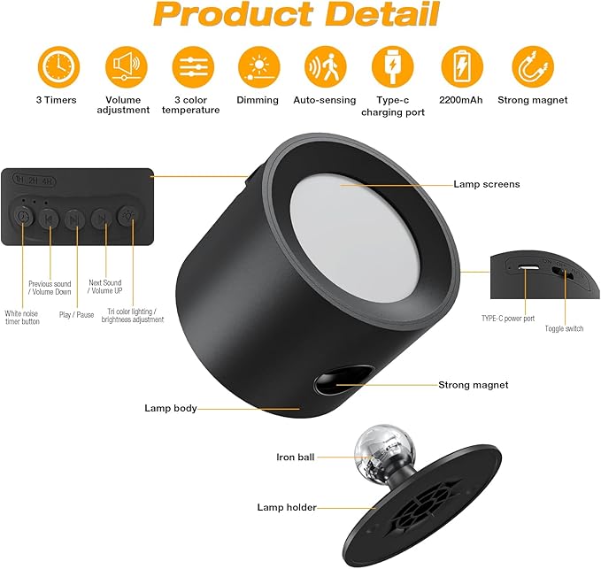 2 in 1 White Noise Sound Machine & LED Wall Sconce with 30 Soothing Sounds Sleeping Timer Motion Sensor Dimmable Night Light 360° Rotate 2200mAh Rechargeable Battery Operated for Bedroom Nursery