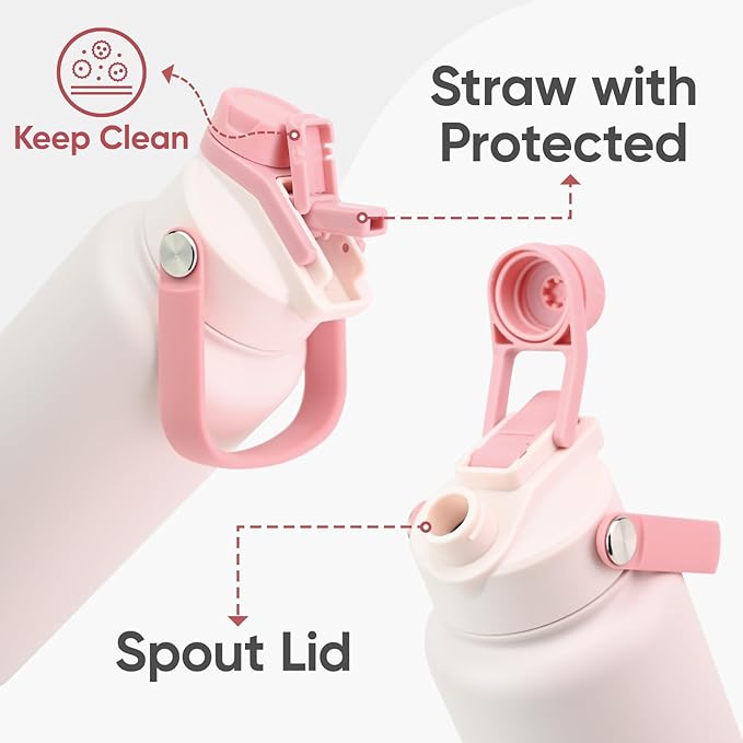 32 oz Insulated Water Bottle, 2-in-1 Lid, Straw & Spout with Protected, Leak Proof, Keep Cold, Stainless Steel, Metal, Reusable, Handle, for Outdoor, Gym and School, 2 Lids, Pale Pink