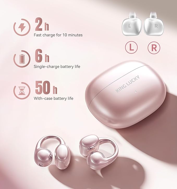 King Lucky Clip on Earbuds Open Ear Wireless Bluetooth 5.4 Headphones with Mic,50H Play,Noise Cancelling,Waterproof,Sports Ear Buds,Comfortable for Small Ears & Glasses Wearers,Workouts (Pink)