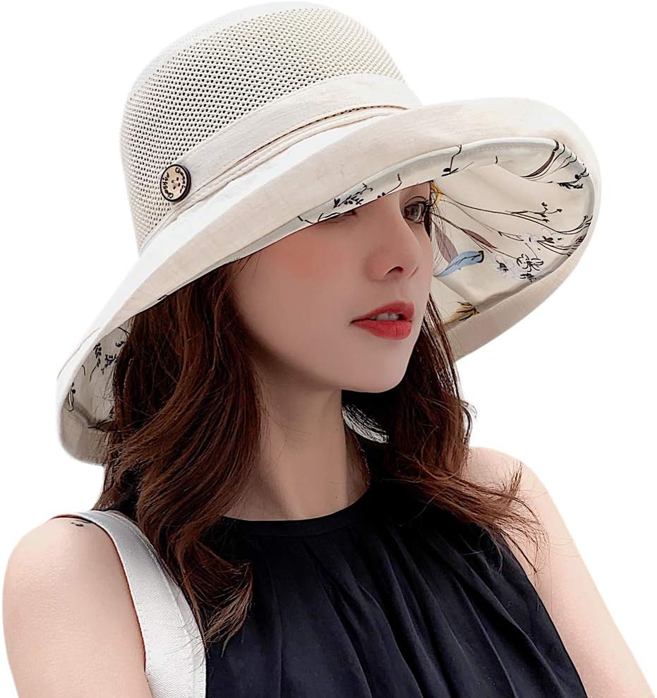 Women's-Mesh-Sun-Hats Wide-Brim Summer Beach Bucket Caps for Girls Outdoor-UV-Protection Foldable-Fishing-Hat Chin Strap Beige
