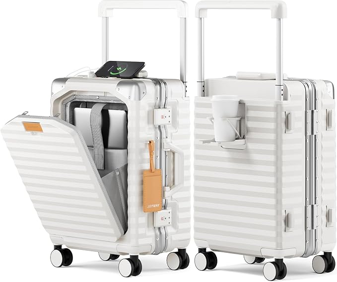 Joyway 20 Inch Carry on Luggage with Aluminium Frame and Front Pocket, PC Hardshell Suitcase with USB Port and Cup Holder, 21.5x14.2x9 Airline Approved, Luggage with Spinner Wheels and TSA Lock(White)