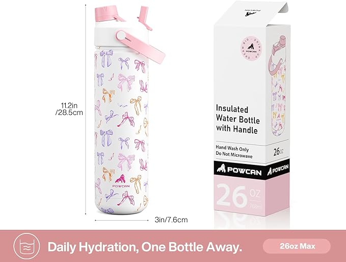 26 oz Insulated Water Bottle with 2-in-1 Straw and Spout Lid, Keep Cold 24H, Leak-Proof, Fits in Car Cup Holder, Stainless Steel Water Bottle for Sports, Travel, and School (Ribbon Whimsy)
