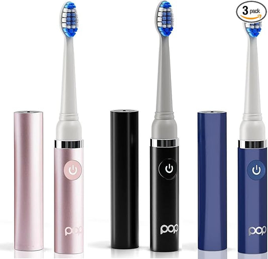 3-Pack Pop Sonic Electric Toothbrush (Rose + Navy Blue + Black) - Travel Toothbrushes w/AAA Battery | Kids Electric Toothbrushes with 2 Speed & 15,000-30,000 Strokes/Minute, Dupont Nylon Bristles