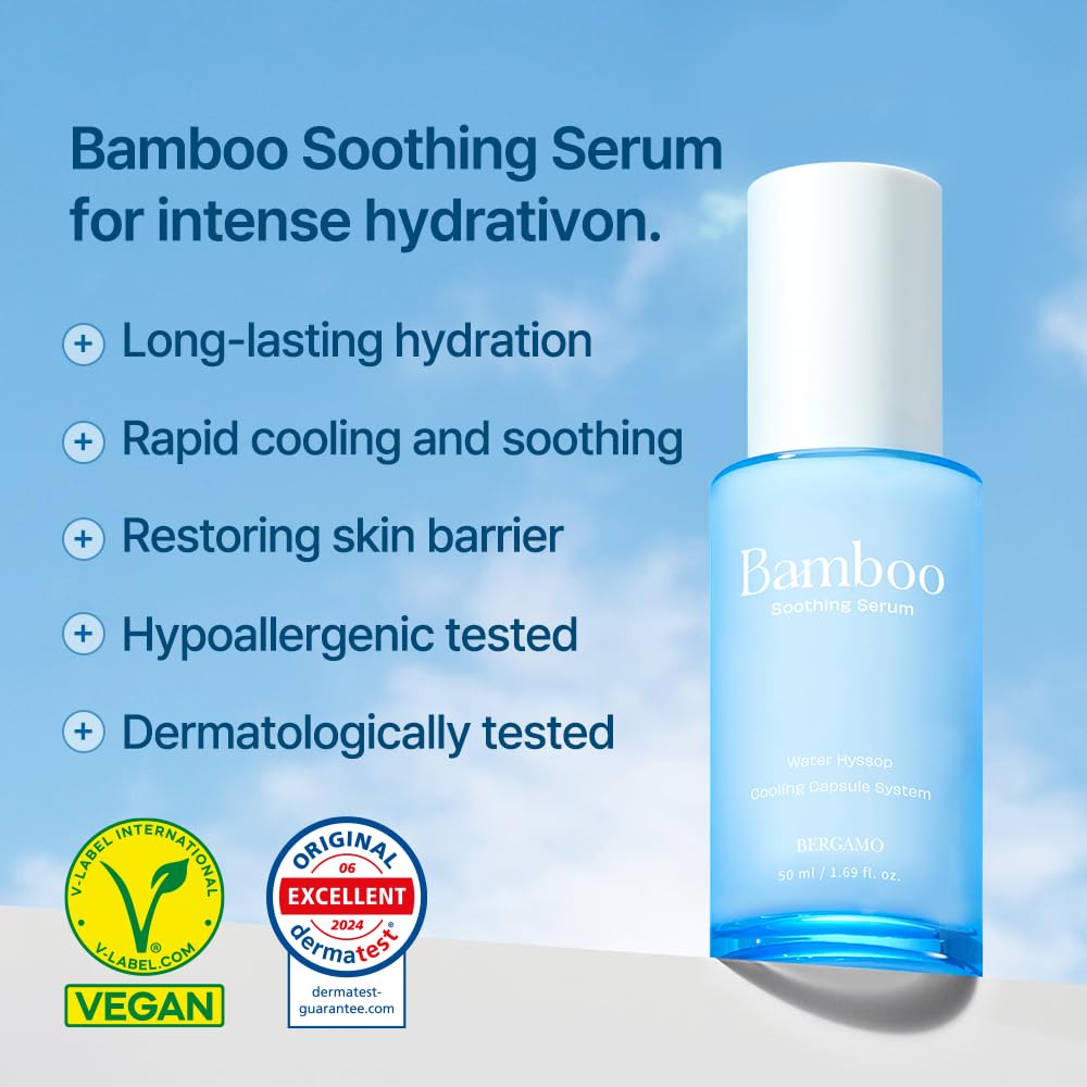 BERGAMO Bamboo Soothing Face Serum For Sensitive Skin - Hydrating Face Moisturizer, Lightweight Facial Serum, Vegan Skin Care, Hypoallergenic & Fragrance-Free, Korean Skin Care, 1.69fl.oz, 50ml