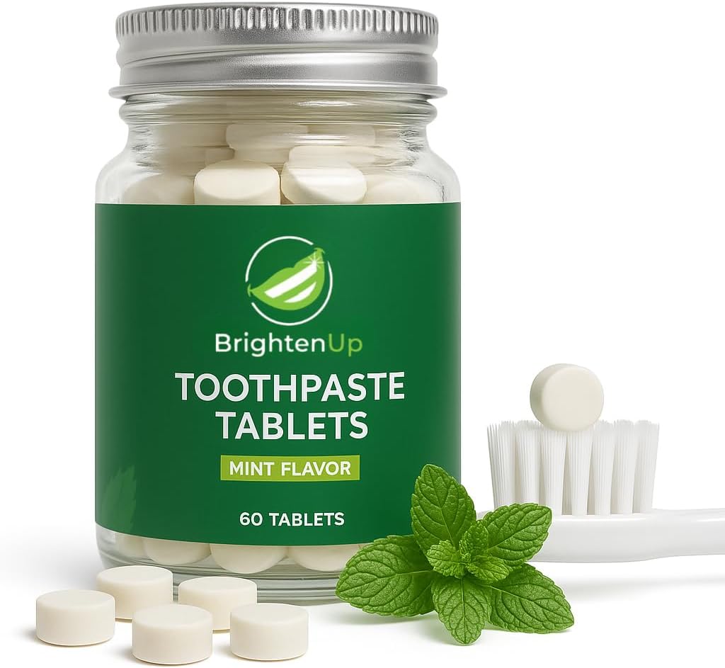 BrightenUp Toothpaste Tablets – Natural Whitening with Nano-Hydroxyapatite, Xylitol & Peppermint | Chewable, Fluoride-Free, Plastic-Free, TSA-Friendly | Remineralizes Enamel | 60 Tablets (1 Month)