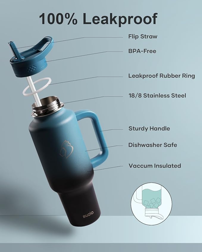 BUZIO 40 oz Tumbler with Handle and Straw, Stainless Steel Insulated Water Bottle Fits in Cup Holder with Straw & Spout Lid, Leak-Proof BPA-Free Travel Tumbler Keep Cold 48hrs &Hot 24hrs, Indigo Crush
