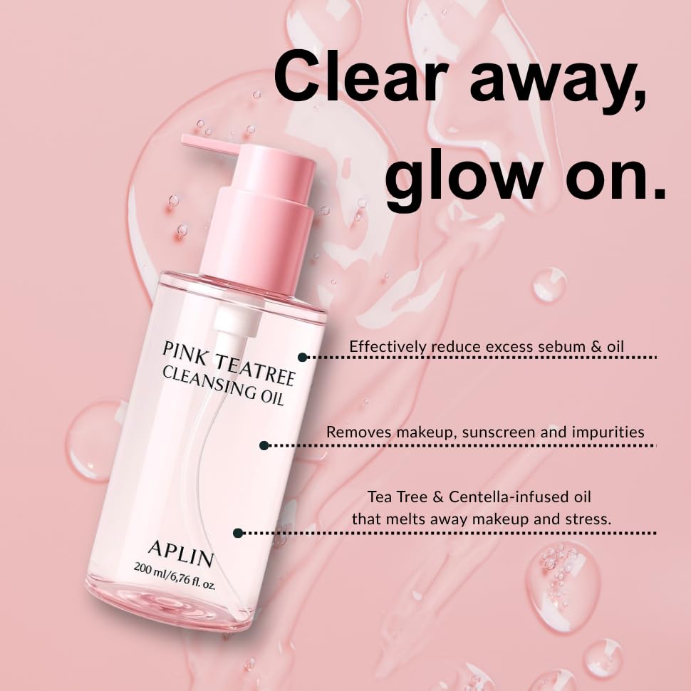 aplin Pink Tea Tree Cleansing Oil, Oil Cleanser for Face, Makeup Blackhead Remover, Korean Skin Care 6.76 fl oz(200ml)