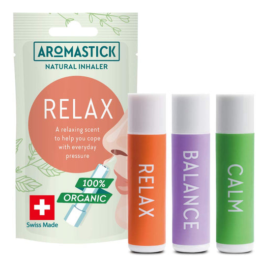 Aromatherapy Nasal Inhaler [Swiss Made] Organic Essential Oils Set Diffuser [ Portable Aromatherapy Stick] (1 Stick, Focus) (3 Count (Pack of 1), 3pcs Stress Relieving Pack (Relax, Balance, Calm))