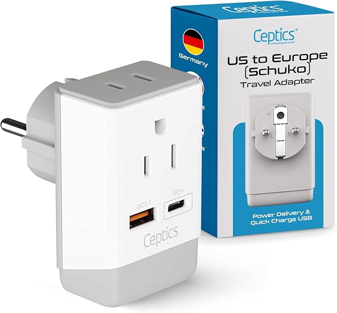 Ceptics Germany France Travel Plug Adapter, QC 3.0 & PD, Safe Dual USB & USB-C - 2 USA Socket Compact & Powerful - Use in Korea Russia France Spain Norway - Type E/F AP-9 - Fast Charging