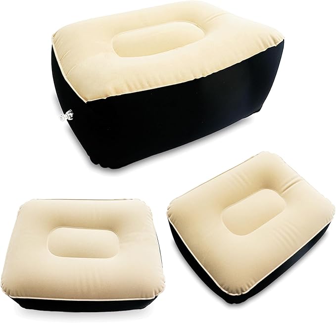 Inflatable Foot Rest, Carseat Inflatable Foot Rest Pillow, Airplanes Inflatable Foot Rest Cars, Travel Footrest Pillow for Home Office,Trains (Light tan with Black, 14.5" L×11.8" W×7.9”H)