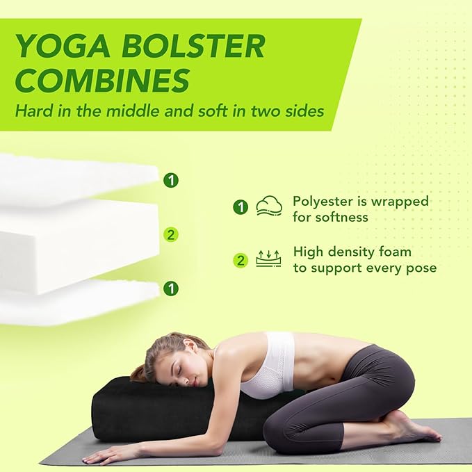 Rectangular Yoga Bolster - Meditation Pillow with Washable Suede Cover, 27"X10" X5.5"