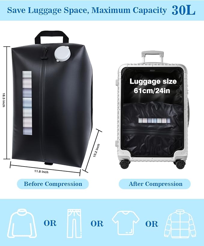 2025 One Touch Vacuum Bag for Travel with Built-in Pump, 30L Compression Bags for Carry On, IP67 Reusable Vacuum Seal Bag for for Cloth Packing, No Need Separate Pump (Black 2PC)