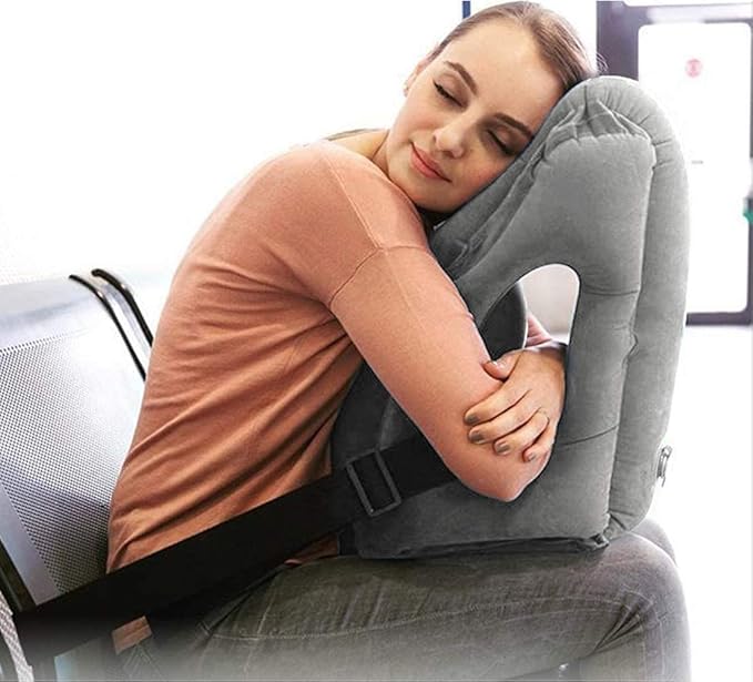 Inflatable Travel Pillow, Airplane Neck Pillow for Sleeping, Supports Head and Chin for Airplanes,Trains,Cars and Office Napping with 3D Eye Mask and Earplugs and Portable Drawstring Bag