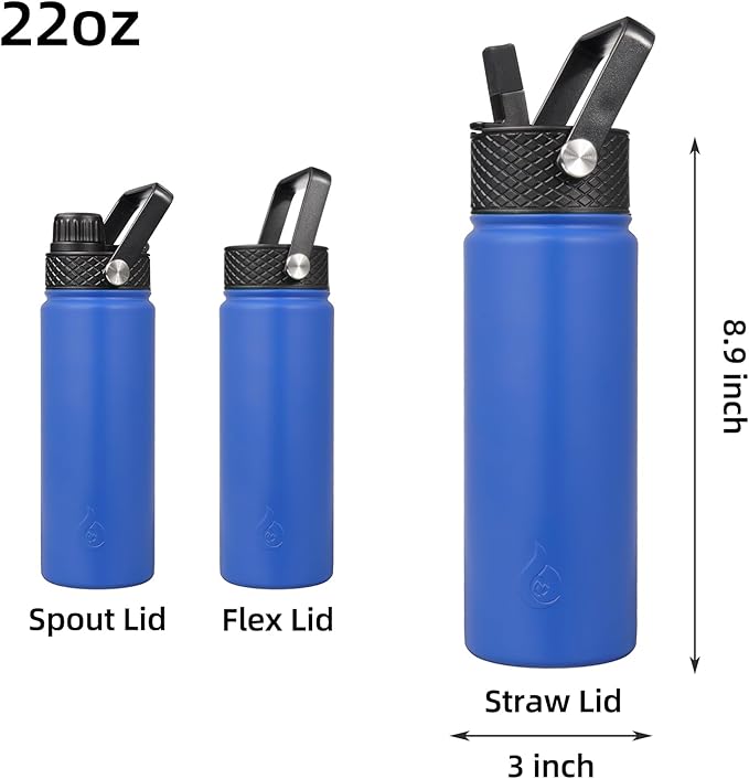 BJPKPK Insulated Water Bottles with Straw Lid, 22oz Cold & Hot Thermo, Stainless Steel Metal Water Bottle with 3 Lids, Reusable Thermo, Cups, Mugs for Daily Use-Sapphire