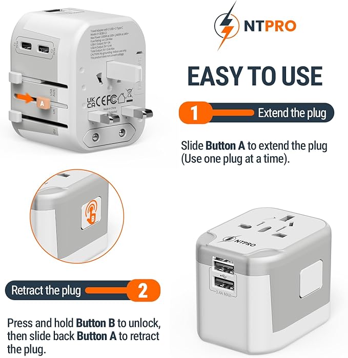 5 in 1 Universal Travel Adapter-10A | International Power Adapter with 2 USB C, 2 USB A Ports | 3.4A & 2400W Fast Portable Charger | Travel Adapter Worldwide Covering 200+ Countries- White