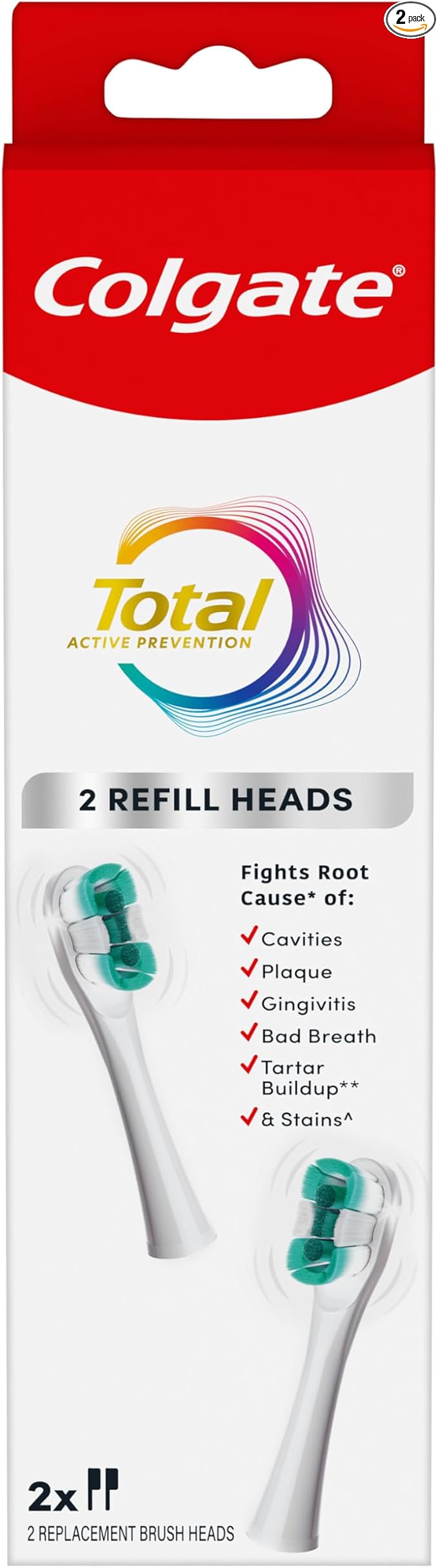 Colgate Total Battery Replacement Toothbrush Heads Pack, Fits Any Total Battery Powered Toothbrush, White, 2 Pack