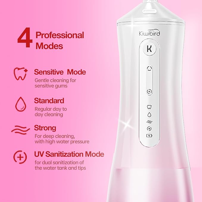 KIWIBIRD Water Dental Flosser with UV-C Sanitization, Cordless Oral Irrigator, 3 Modes & 4 Tips, 300ML BPA-Free Tank, 40-120PSI Portable Teeth Cleaner for Plaque, Home & Travel Use (Pink Ombre)