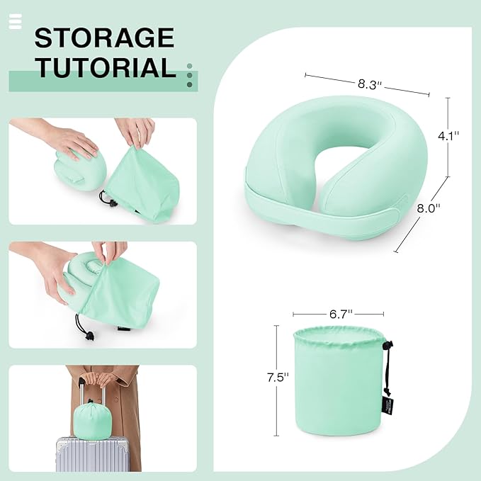 Car Pillow for Little Kids Travel Neck Pillows, Memory Foam Neck Support Travelling Pillow with Washable Cotton Pillowcases and Storage Bag, for Airplane, Train, Flight and Home Use Green