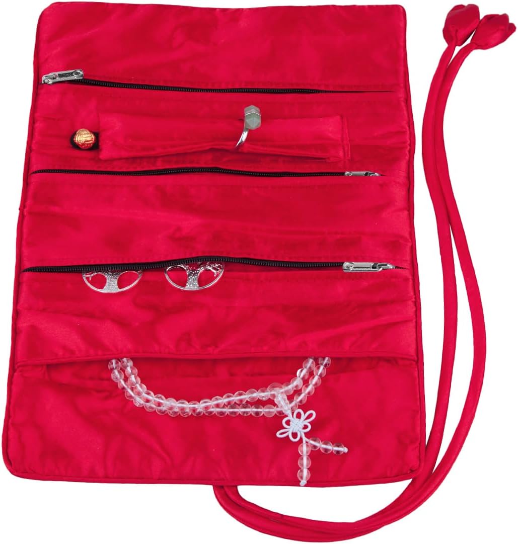 TUMBEELLUWA Embroidery Travel Jewelry Bag Roll Embroidered Flower and Bird Brocade Organizer with Tie Close, Red