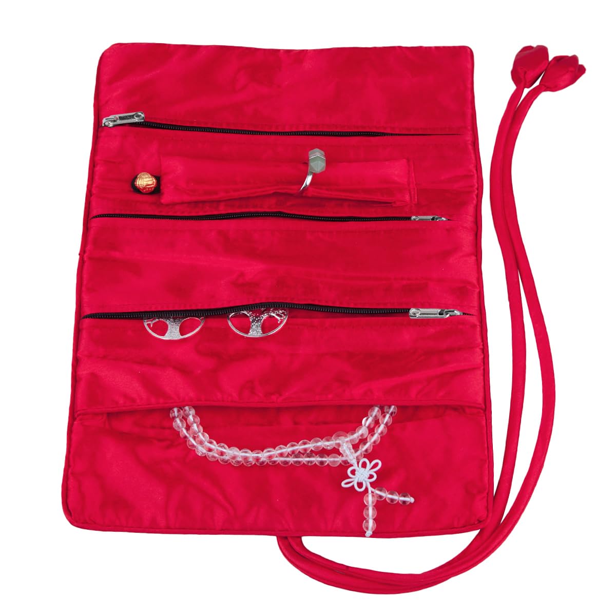 TUMBEELLUWA Embroidery Travel Jewelry Bag Roll Embroidered Flower and Bird Brocade Organizer with Tie Close, Red