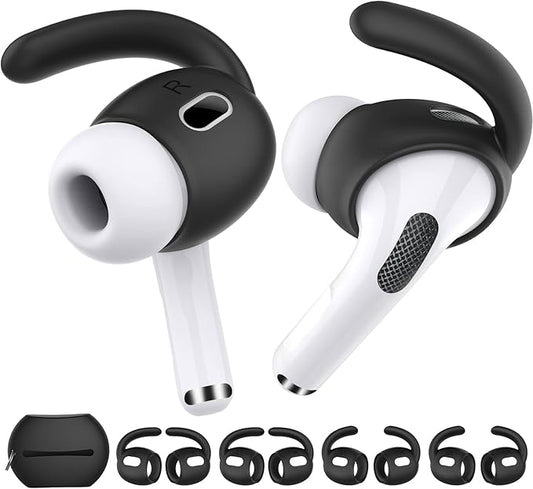 AhaStyle 4 Pairs AirPods Pro 2 Ear Hooks【Added Storage Pouch】 Anti-Slip Ear Covers Silicone Accessories Compatible with Apple AirPods Pro 2nd Generation (2 Large+2 Small, Black)