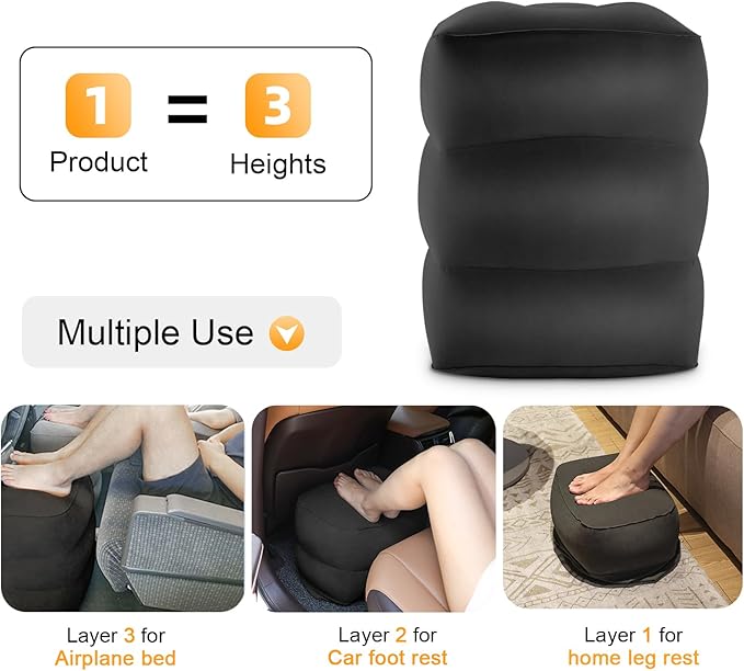 Maliton Inflatable Travel Foot Rest Pillow, Toddler Airplane Bed, Car Seat Foot Rest for Kids, Adjustable Height Leg Rest Pillow for Airplane, Home, Office(Black, 1 Pack)