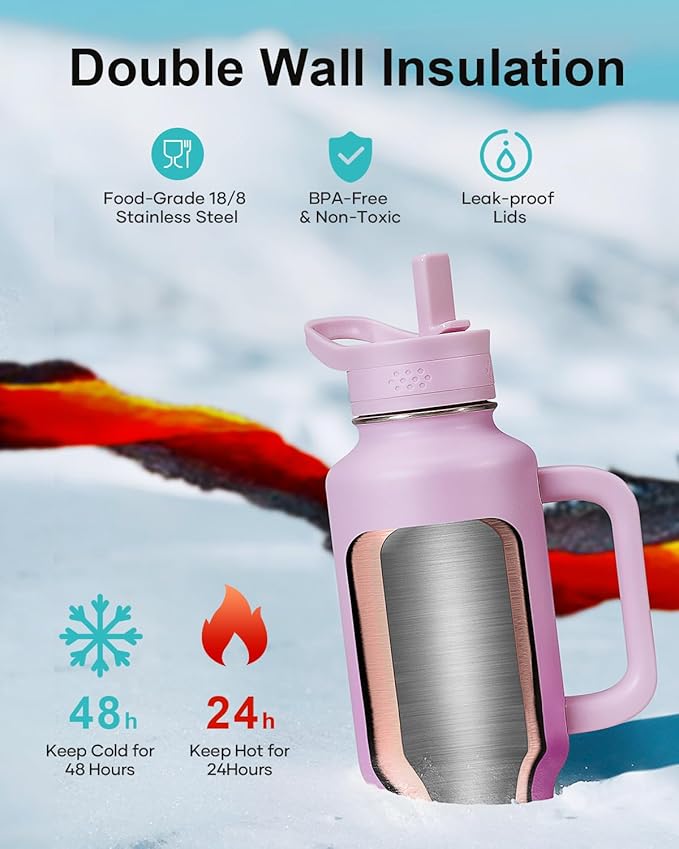 BUZIO 40 oz Water Bottle Fits in Cup Holder, Insulated Tumbler with Handle, Water Flask with Lid for Cold Hot, Sweat-Proof Wide Mouth Travel Mug for Sports, Gradient Purple