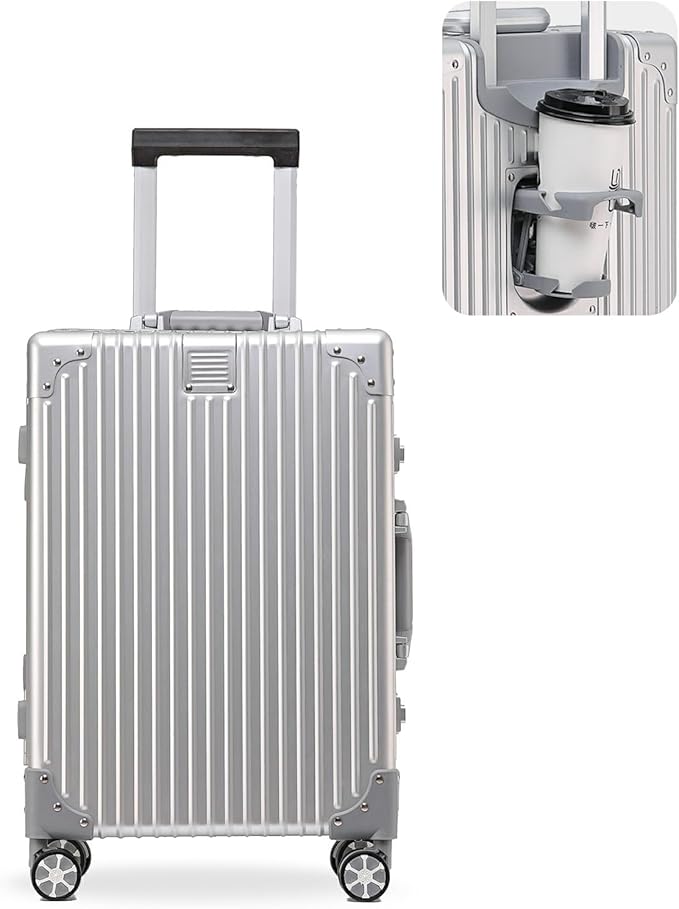 20 Inch Aluminium Suitcase with Cup Holder, 100% All Aluminum Suitcase, 20 Inches Aluminum Luggage with TSA Lock, Cup Holder(Silver, Carry-On 20-Inch)