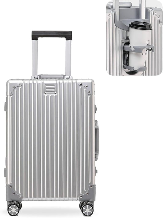20 Inch Aluminium Suitcase with Cup Holder, 100% All Aluminum Suitcase, 20 Inches Aluminum Luggage with TSA Lock, Cup Holder(Silver, Carry-On 20-Inch)