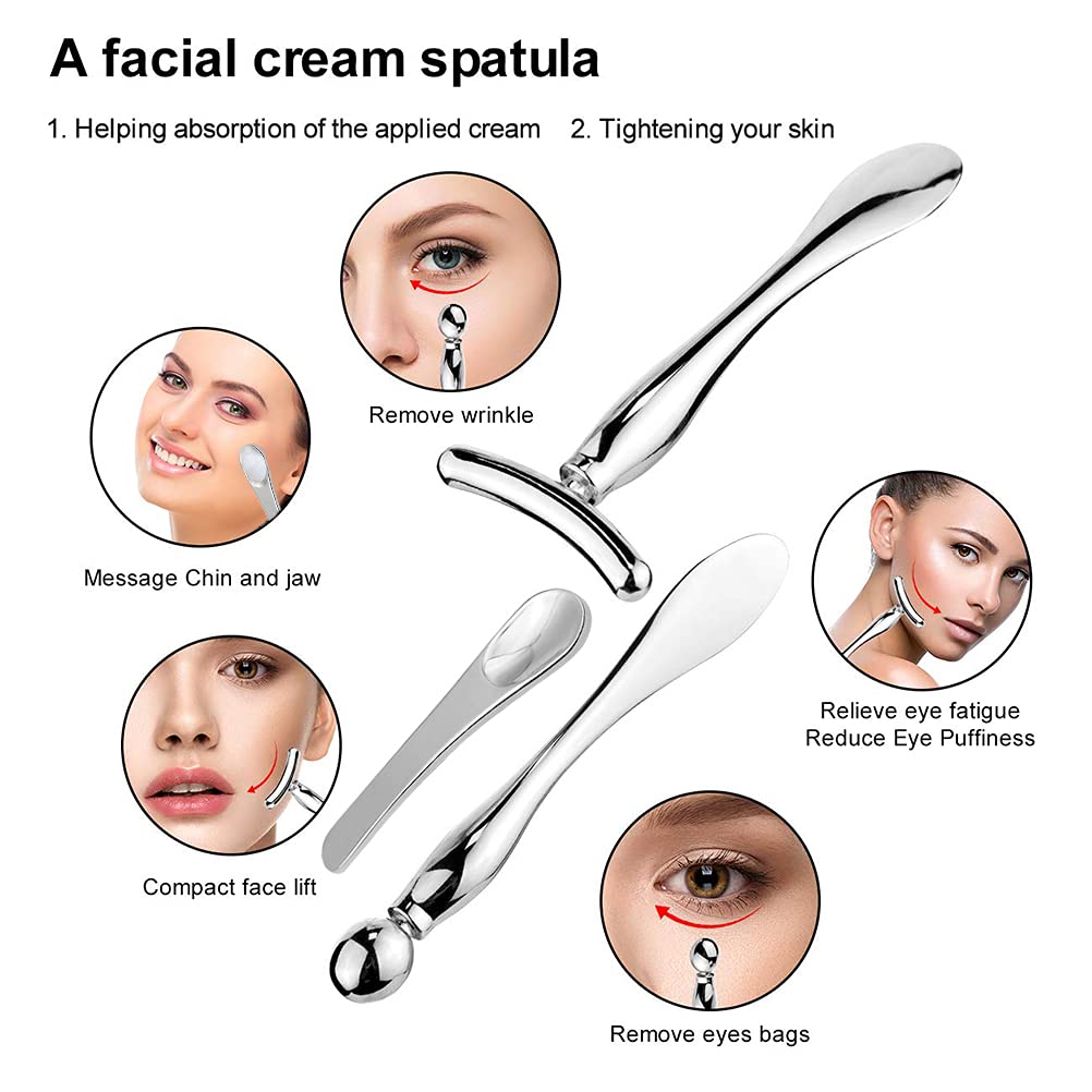 3 Pcs Metal Eye Cream Applicator Tool, Eye Roller Massage Sticks and Makeup Cream Spoon, Facial Massager for Reducing Puffiness Wrinkle Dark Circles