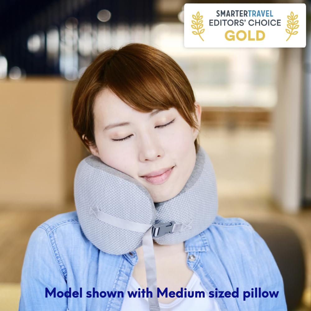 C CUSHION LAB Travel Pillow, Award-Winning Patented Ergonomic Design for Chin & Neck Support Memory Foam Neck Pillow, Compact Airplane Pillow for Traveling, Flight, Car (Gray, Medium)