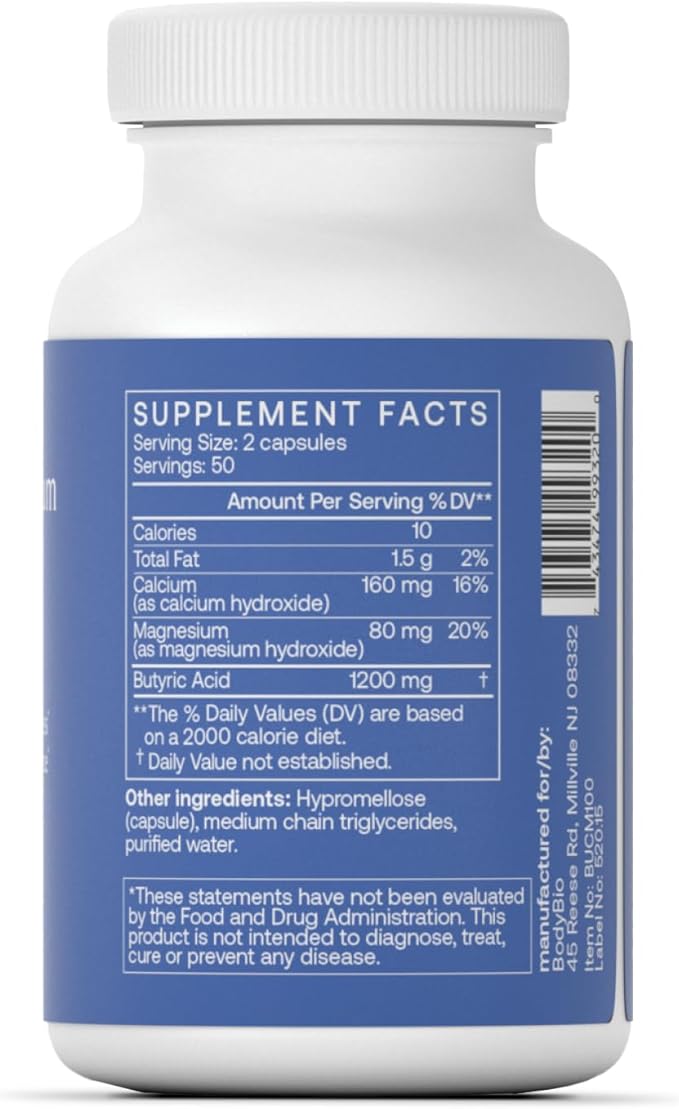 BodyBio Butyrate - Postbiotic for Gut Health, Digestive Support, Bloat, Gas & Constipation Relief, Leaky Gut Repair - Calcium, Magnesium + Butyric Acid Supplement for GI Wellness