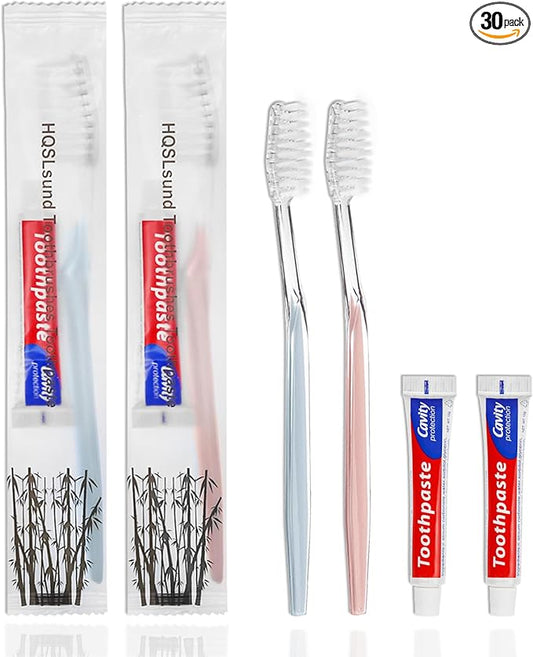 30 pcs Disposable Toothbrushes with Toothpaste Individually Wrapped 2 Colors Bulk Toothbrush and Toothpaste 10g for Homeless,Shelter,AirBnb,Hotel
