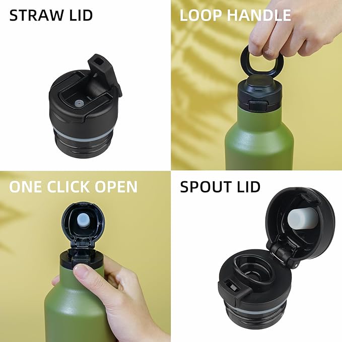 BJPKPK Insulated Water Bottle With Straw 17oz Stainless Steel Water Bottles With 2 Lids And Carry Handle Reusable Travel Metal Thermo,Olive Green