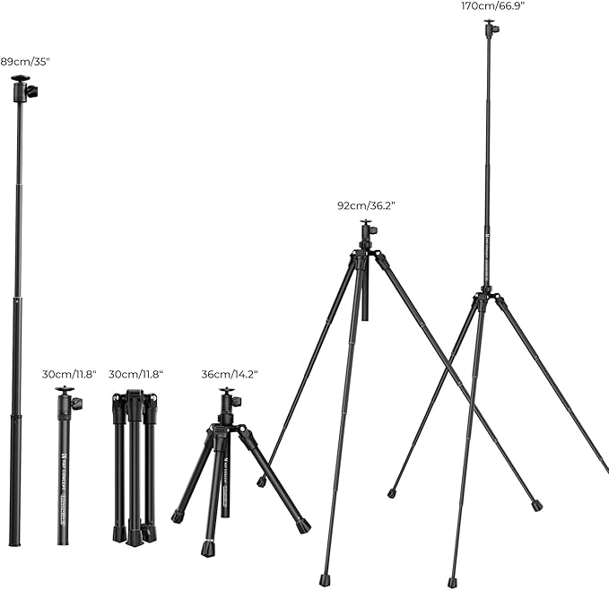 K&F CONCEPT 67''/170cm Cellphone Tripod, 2-in-1 Lightweight Compact Portable Selfie Stick with Phone Holder, DSLR Camera Tripod with Smartphone Remote E224A3+BH-18 Black