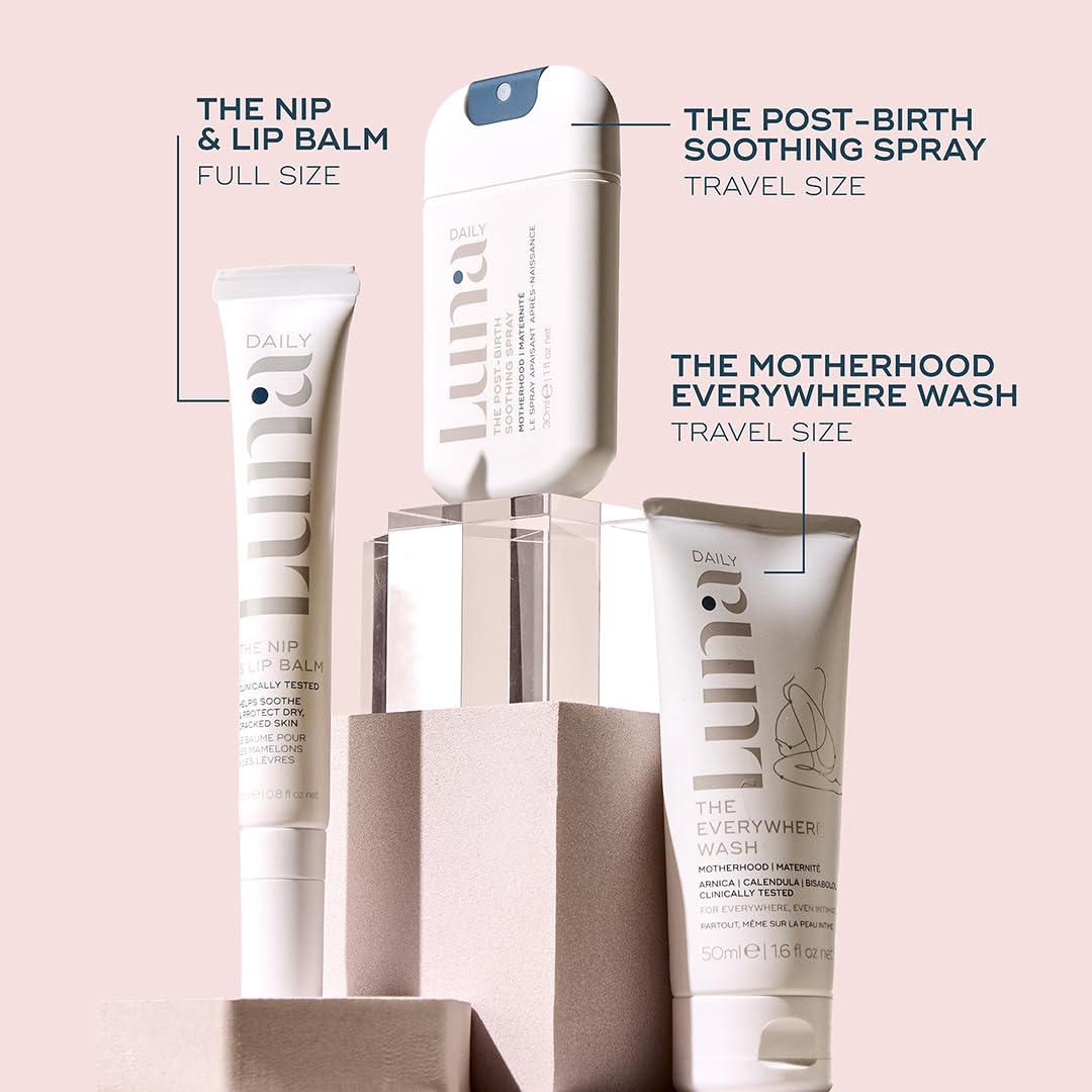 Luna Daily Hospital Bag Essentials Kit, Pregnancy & Postpartum Care | Travel-Size Feminine Wash, Perineal Spray & Nipple Balm | pH-Balanced, Soothing & Hydrating Intimate Skincare for New Moms