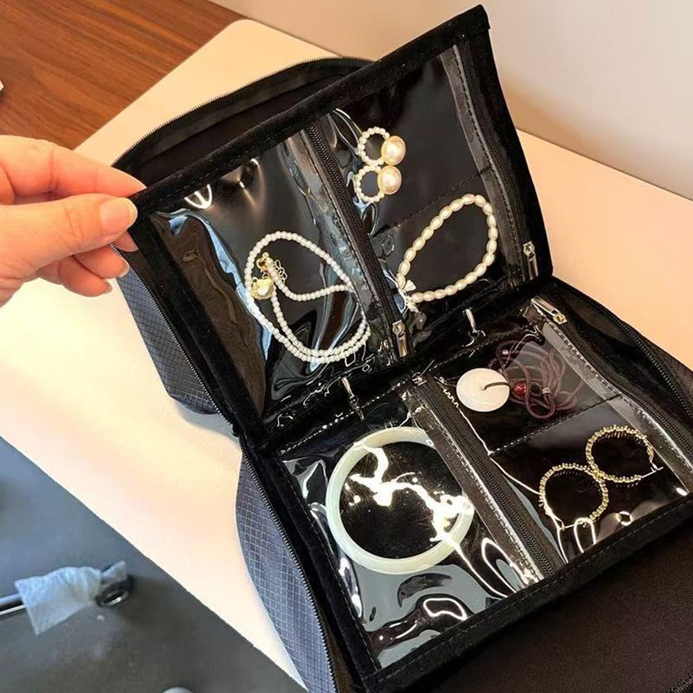 GSXRB Waterproof Anti-Tarnish Jewelry Organizer for Travel - Large Capacity Foldable Jewelry Box with 36 Compartments, Portable Earring Necklace Ring Organizer (Black)