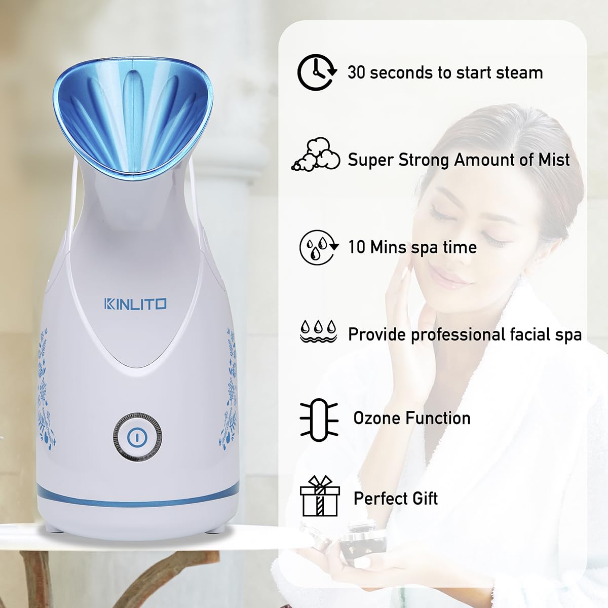KINLITO Facial Steamer Ionic Face Steamer for Home Facial, Warm Mist Small Facial Steamer for Deep Cleaning Unclog Pores with Blackhead Remover, Aromatherapy Kit for Personal Home SPA (Blue)