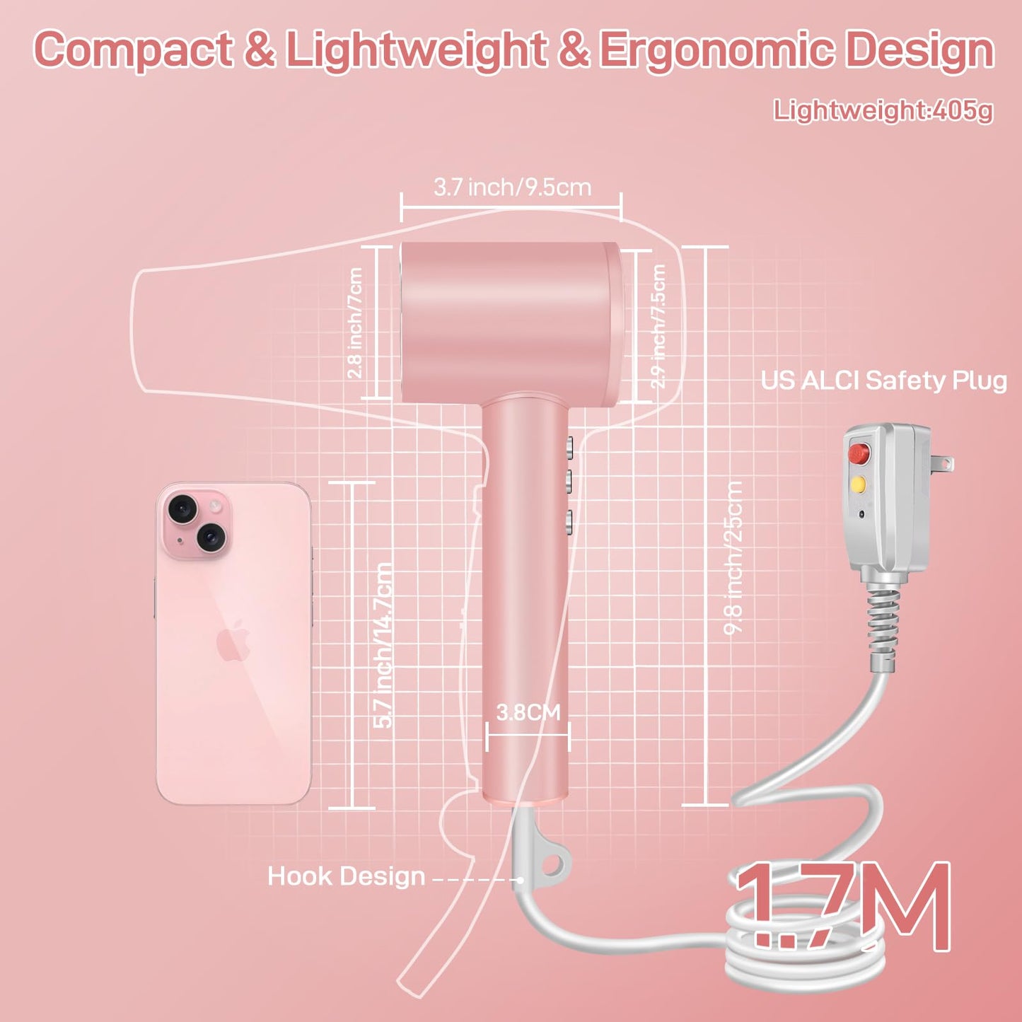 CIICII Negative Ionic Hair Dryer Professional, 120000RPM High Speed Blow Dryer (1600W Brushless/ 3-Speed/ 4-Temp & HD Display & Portable Bag) Fast Drying Hairdryer for Home, Travel & Salon (Pink)