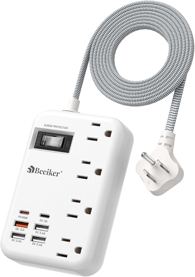 45W USB C Surge Protector Power Strip, Travel Power Strip with 6 USB(2 USB C) Ports and 4 Outlets,5Ft Flat Plug Braided Extension Cord, PD 45W Fast Charging for MacBook Laptops iPad Pro iPhone Samsung