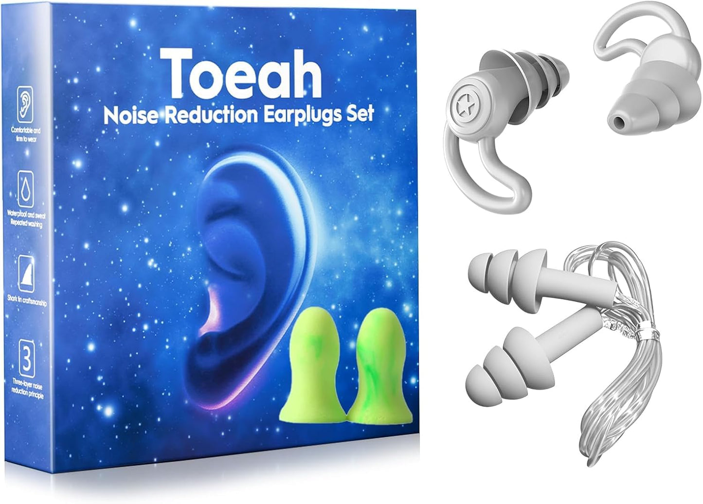 3 in 1 Ear Plugs for Noise Reduction, Ear Plugs for Sleeping Noise Cancelling, Washable Hearing Protection for Work, Travel, Concert, Swimming, Sleep Snoring