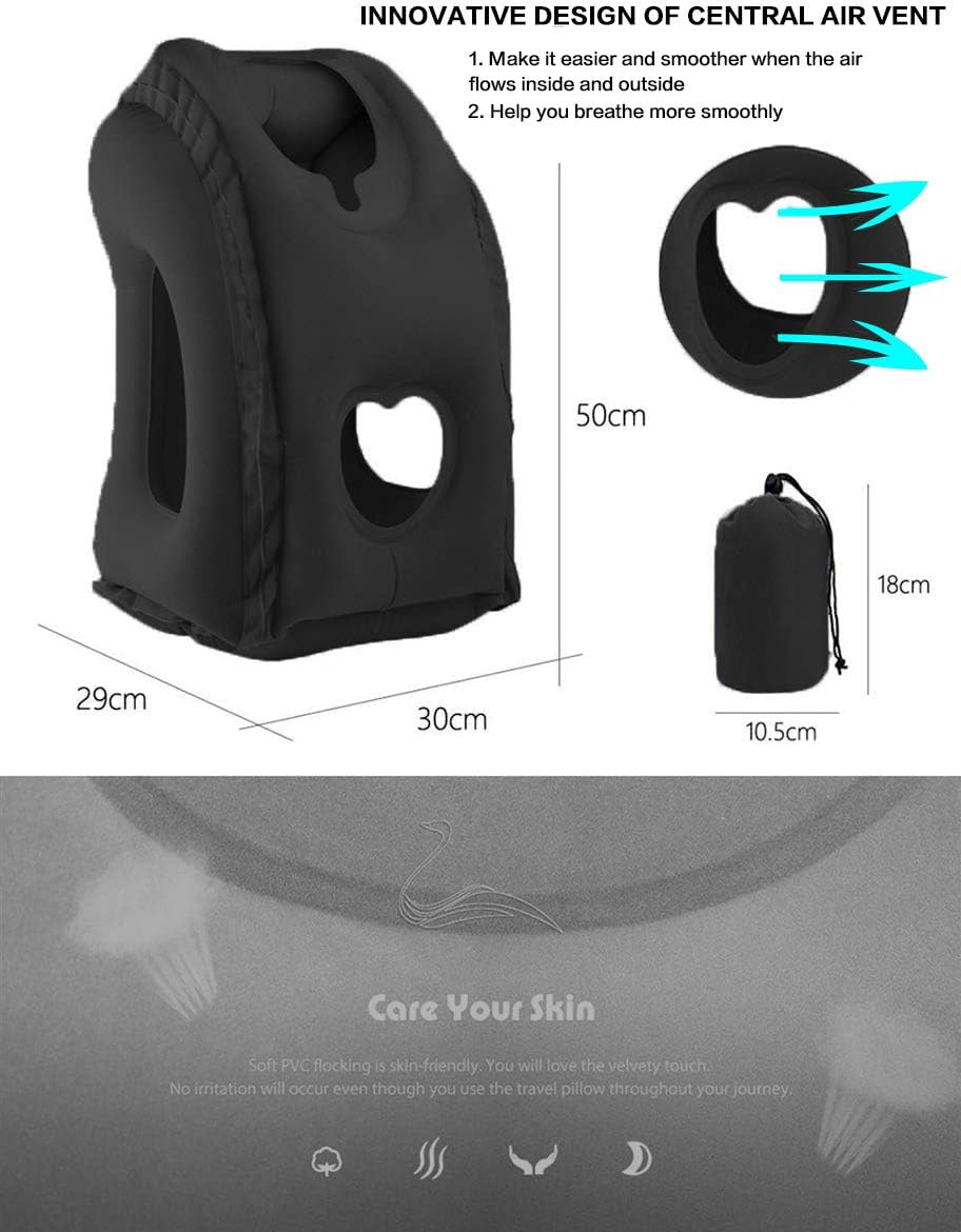Kimiandy Inflatable Travel Pillow for Airplane, Neck Air Pillow for Sleeping to Avoid Neck and Shoulder Pain, Support Head and Lumbar, Used for Airplane, Car, Bus and Office (Black)