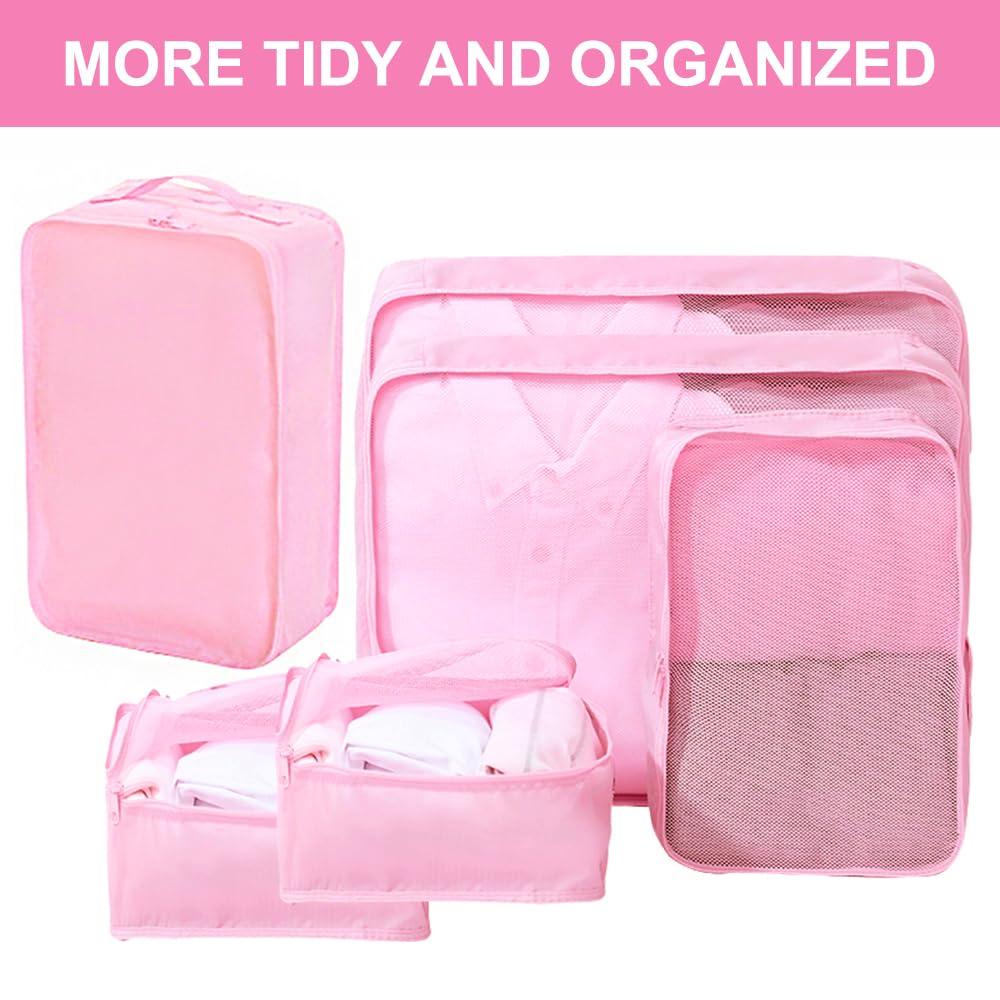 Packing cubes for Travel, CALACH Luggage Organizer Bags 6 Set Packing Cubes for Suitcases Travel Essentials for Carry on Mesh Suitcase Organizer with Shoe Bag (pink)