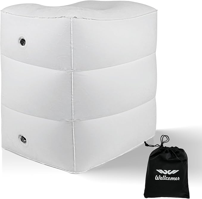 Inflatable Foot Rest Pillow for Travel, Adjustable 3 Layers Height Cushion Kids/Adults Airplane Travel Pillow, Suitable for Office, Home, Trains, Cars - White