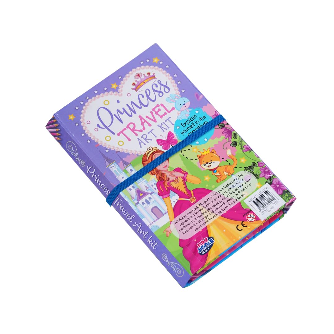 FIRSTJIGGLE First Jiggle Colouring and Sticker Princess Travel Art Kit | Includes Coloring Pad, Sticker Sheets & Color Pencils | Fun Travel Activity for Kids | Gift for Girls Ages 3-8