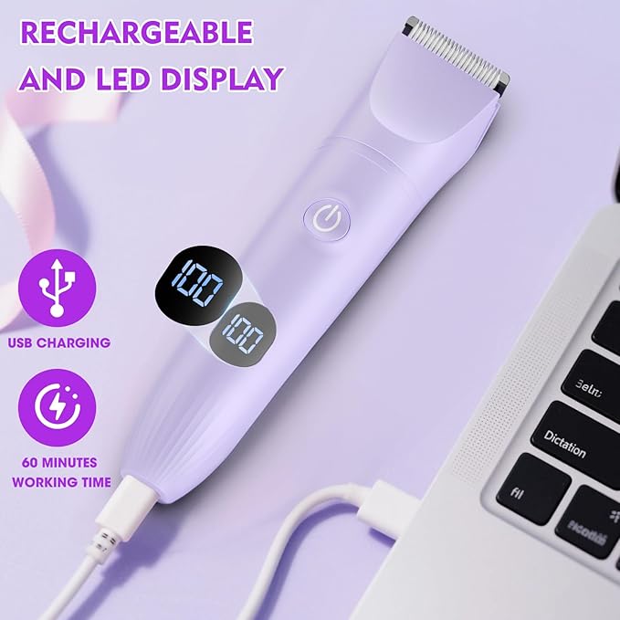 Bikini Trimmer for Women, 3 in 1 Electric Razors for Women, Waterproof Pubic Hair Trimmer and Facial Hair Remover, Rechargeable Electric Shaver for Underarm Leg Arm Body with LED Display